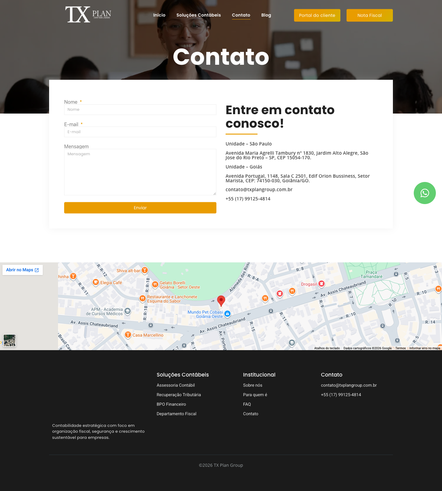 Página de contato do site atual mostrando os dois endereços e o lorem ipsum em inglês